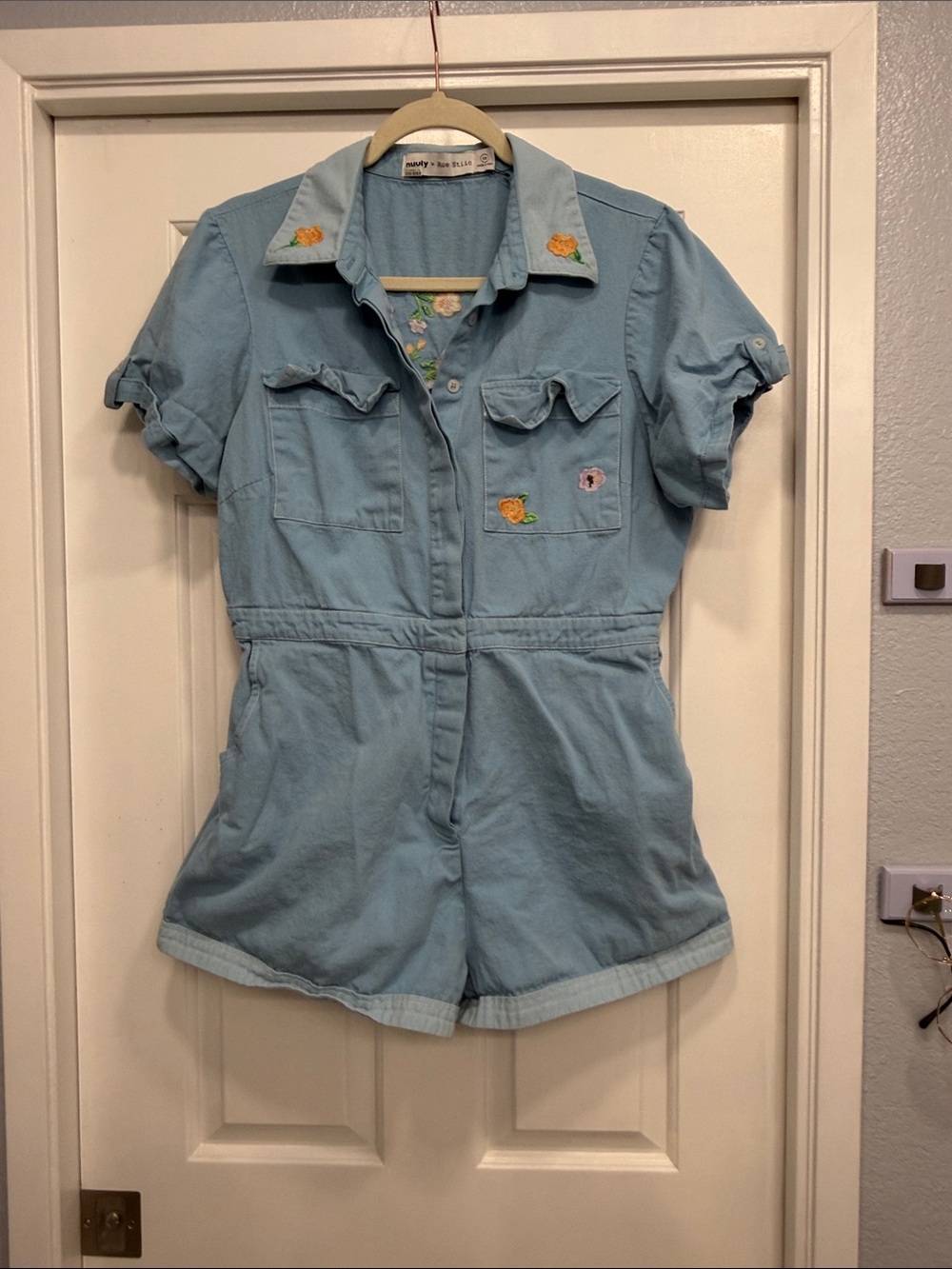 Light Blue Embroidered Short Romper